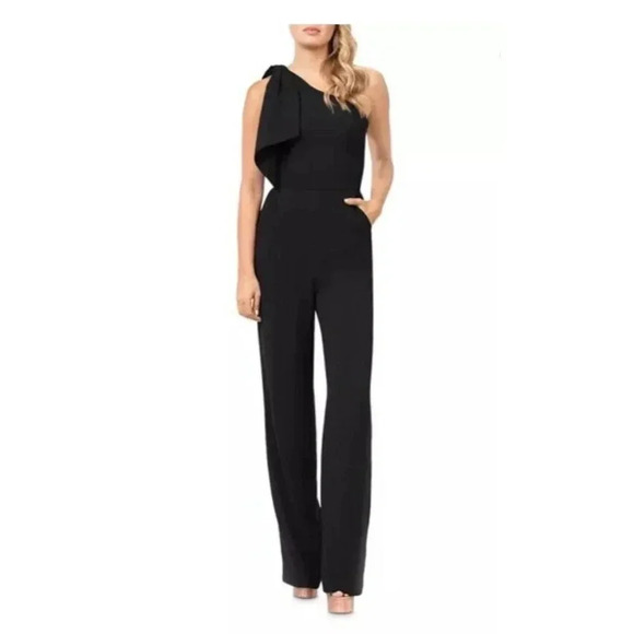 Dress The Population Pants - NWT DRESS THE POPULATION Tiffany Jumpsuit black One Shoulder Bow Wide Leg Medium
